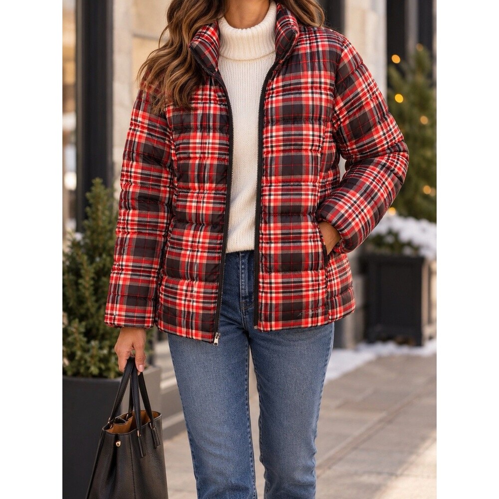 Eddie Bauer Down Puffer Jacket Coat Plaid Red and Black Women's Size Medium 650